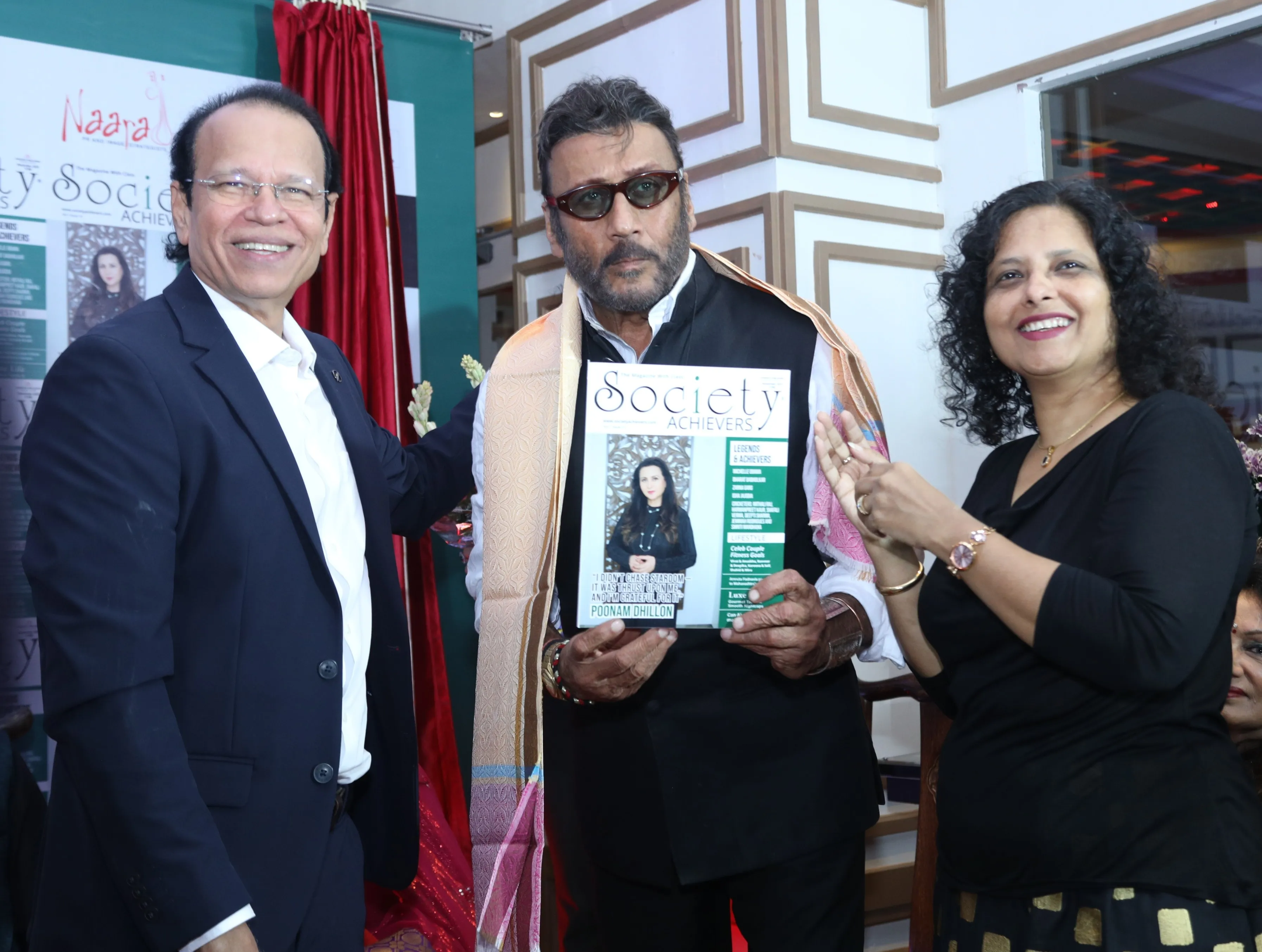 Magnate Publishing Founder Ashok Dhamankar, Jackie Shroff and Editor Andrea CostaBir at the Society Achievers cover unveiling at Red Box Juhu
