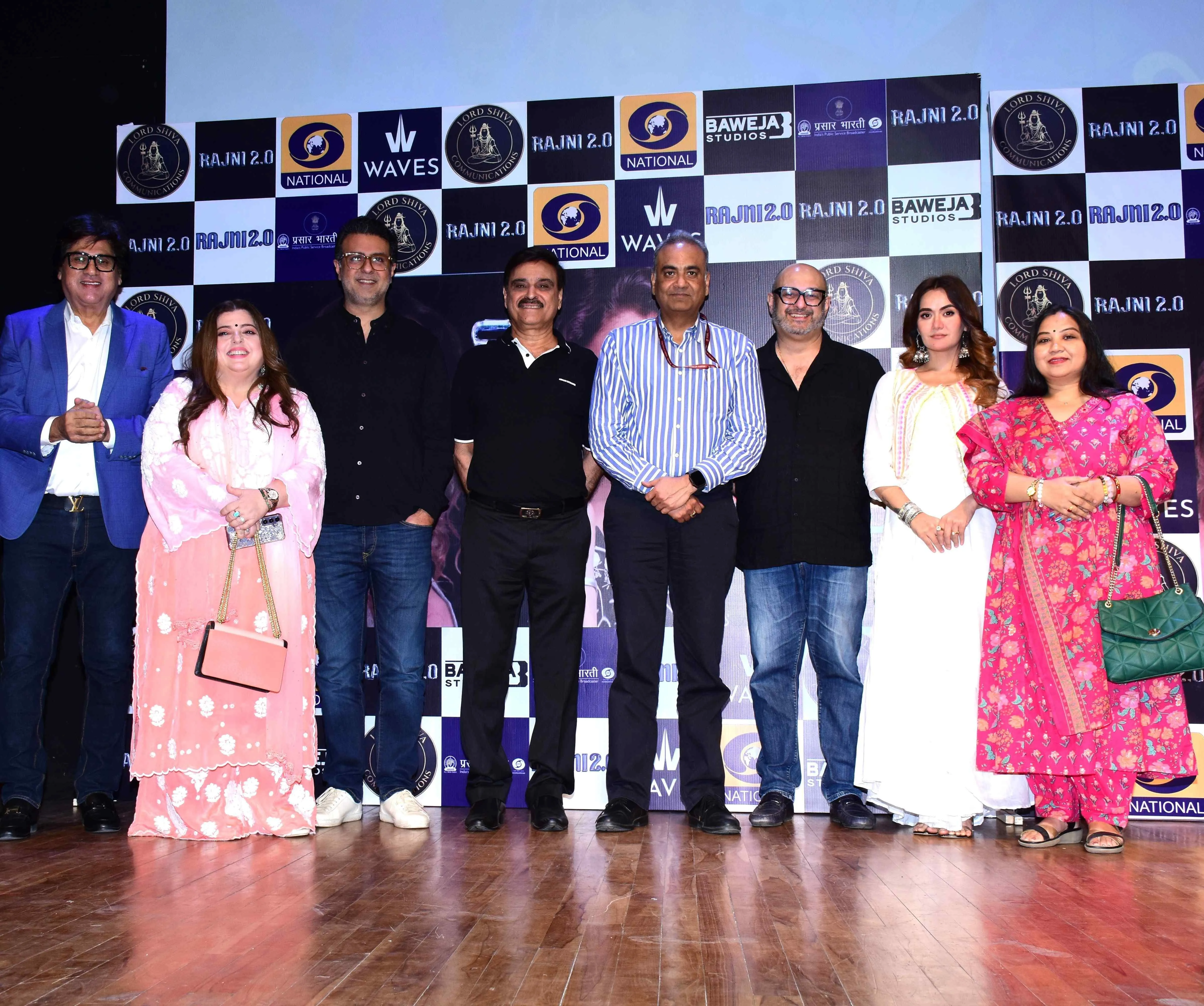Mukesh Tyagi, Delnaaz Irani, Harman Baweja, Karan Razdan, iAS Gaurav Dwivedi, CEO  - Prasar Bharati, Raju Singh and Shweta Raj at the Rajni 2.0 press conference