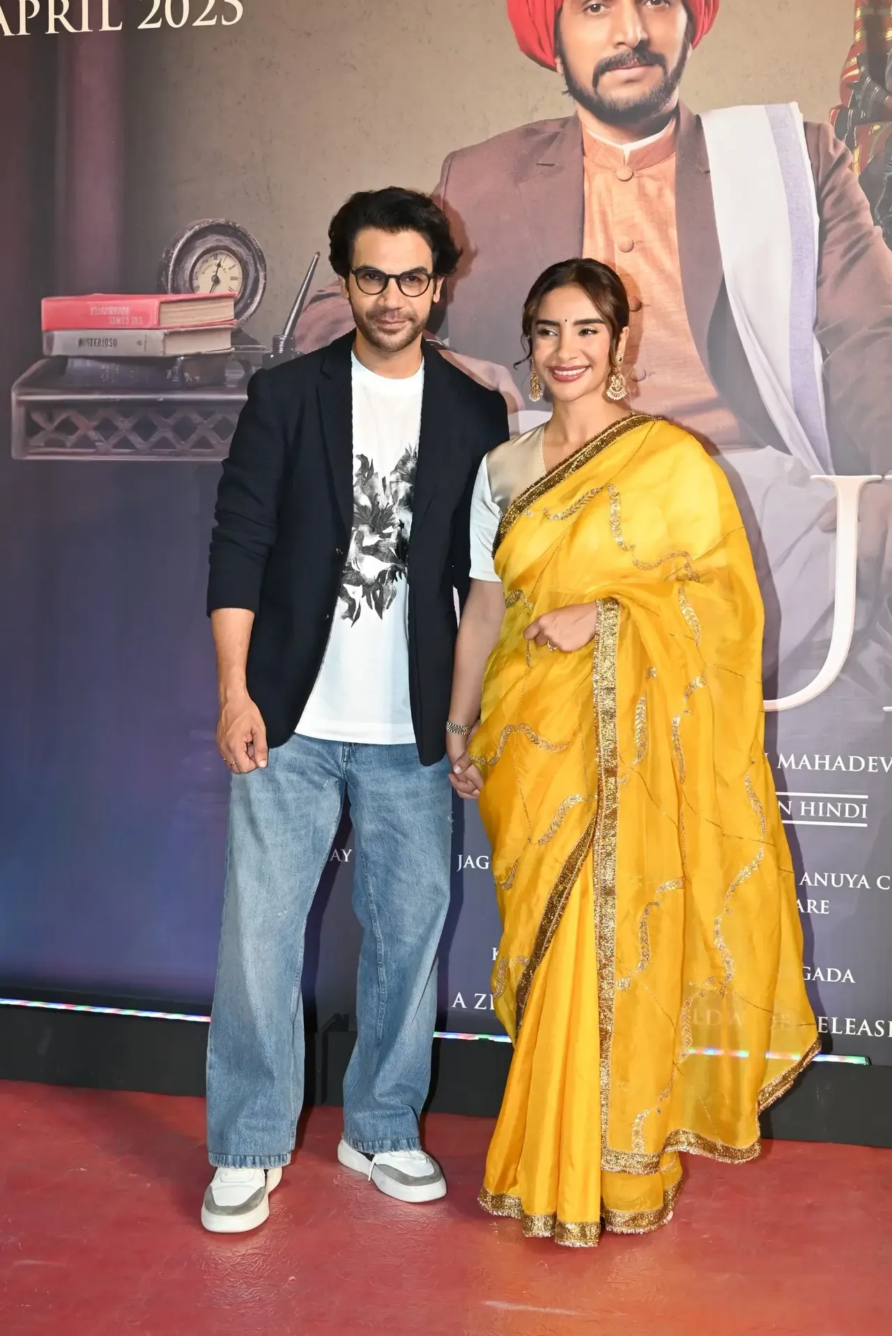 Patralekhaa who plays the role of Savitribai Phule in the film arrived for the screening of her film in a gorgeous yellow saree. She was accompanied by her husband actor Rajkummar Rao