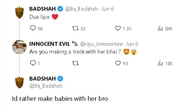 Badshah tweet on Dua Lipa