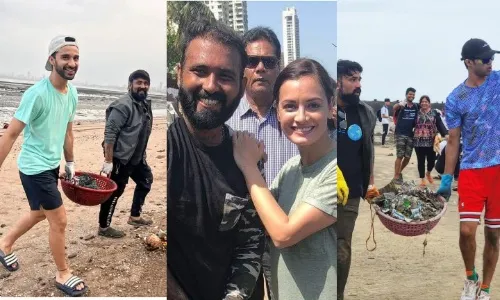(L-R): Raghav Juyal, Dia Mirza and Babil Khan joined the clean up efforts 