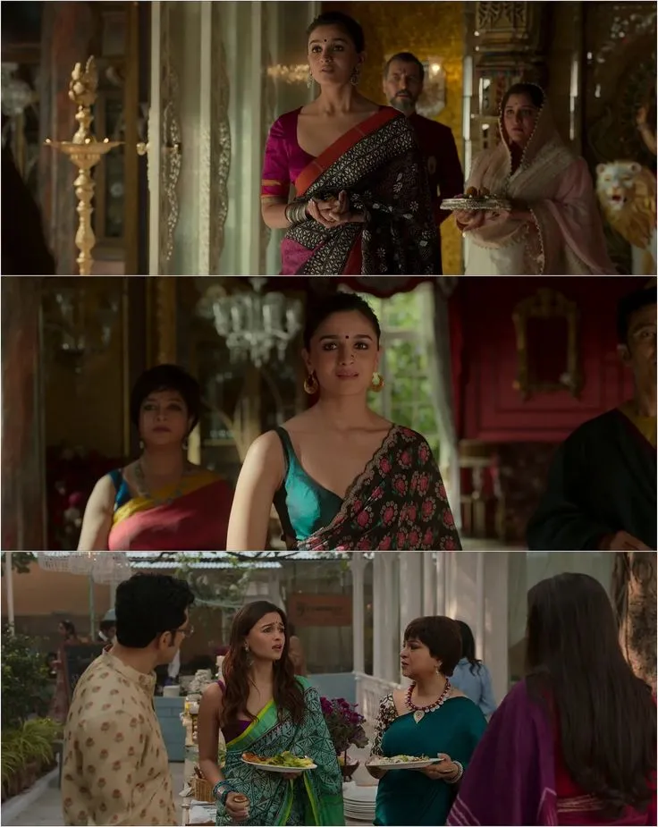 This may contain: many different pictures of women in sari and blouses, with one woman looking at another