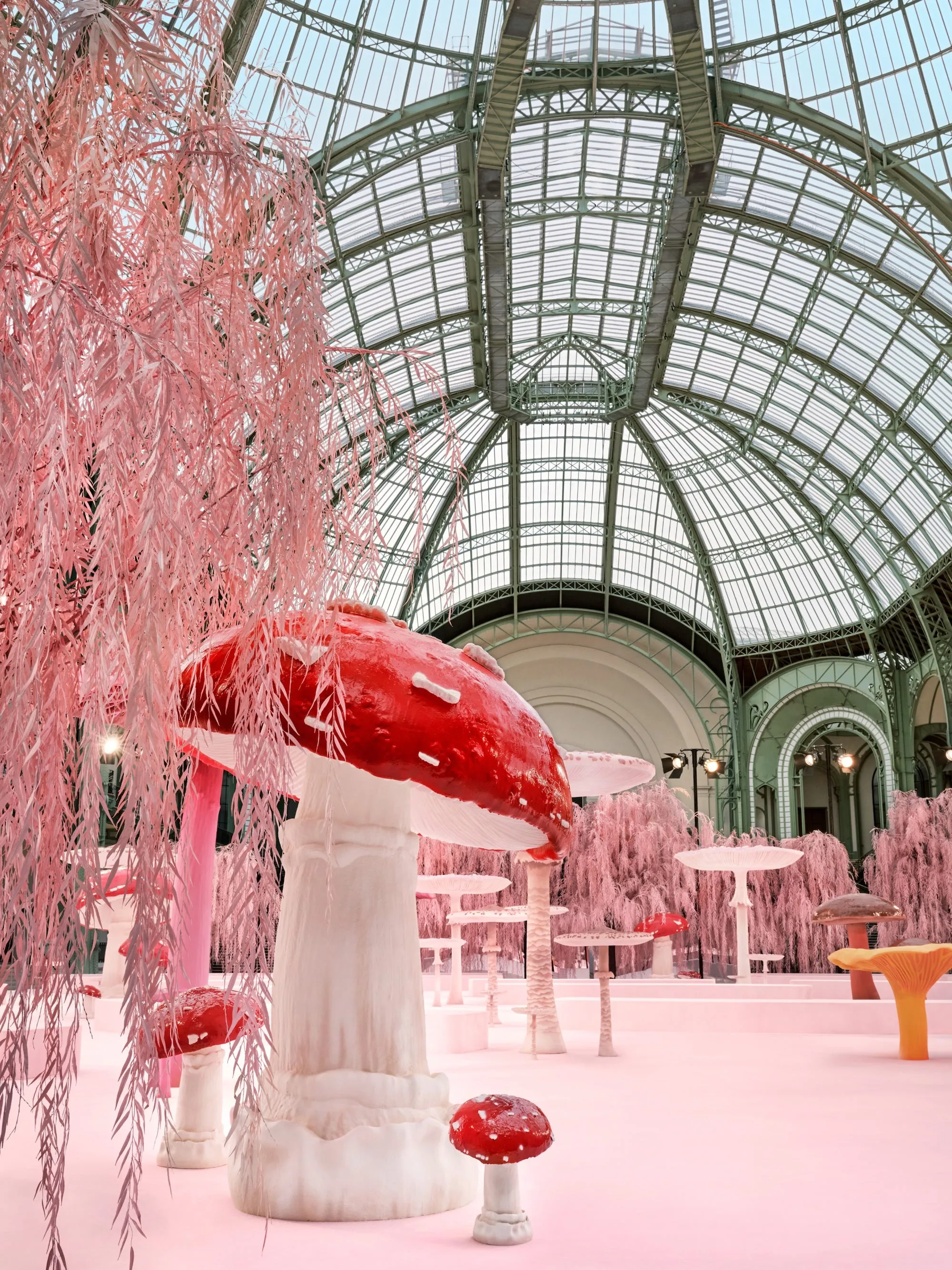 Whimsical pink indoor exhibition featuring oversized mushrooms and pink foliage.