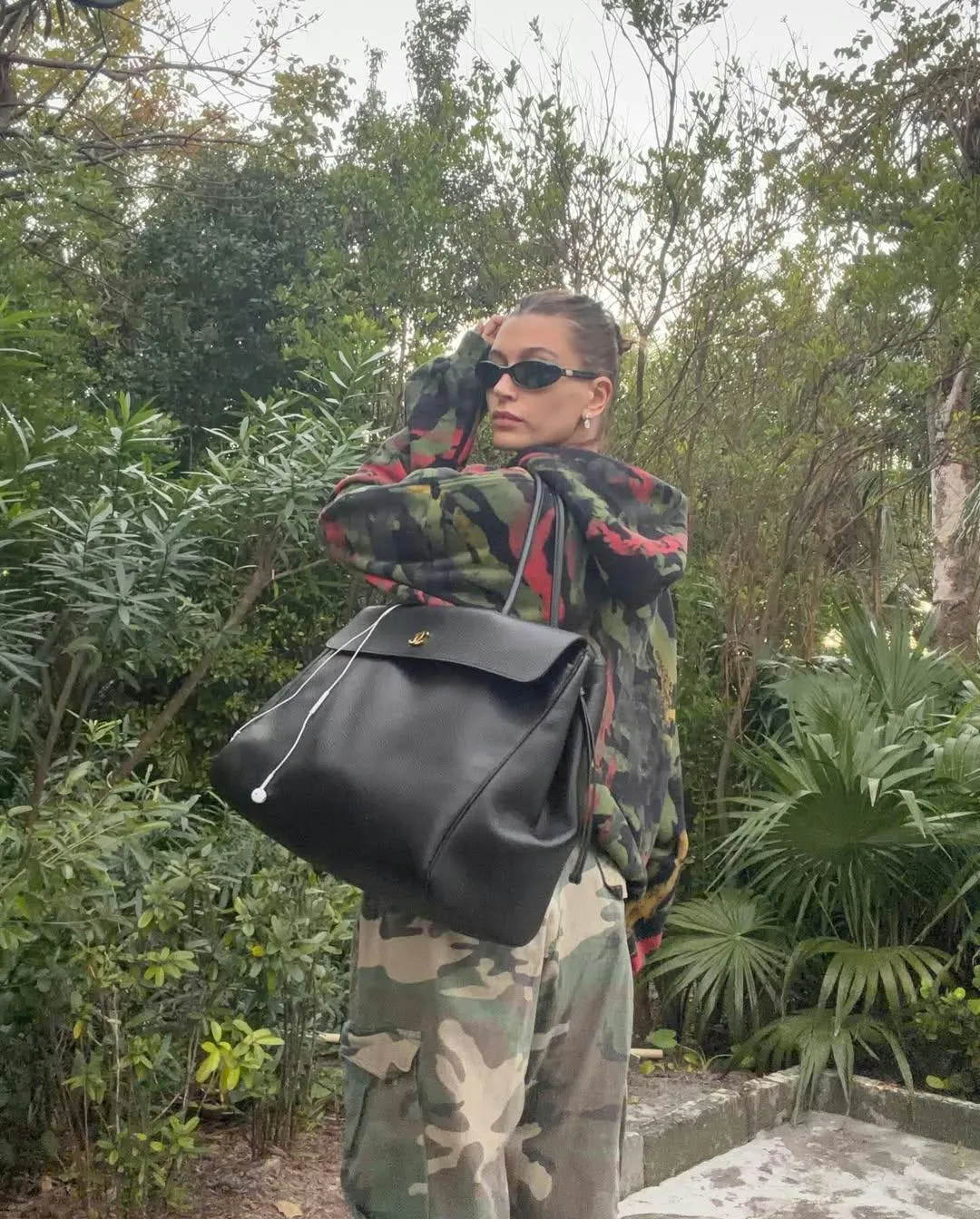 Hailey Bieber Pairs Camo with a Very Big Chanel Bag