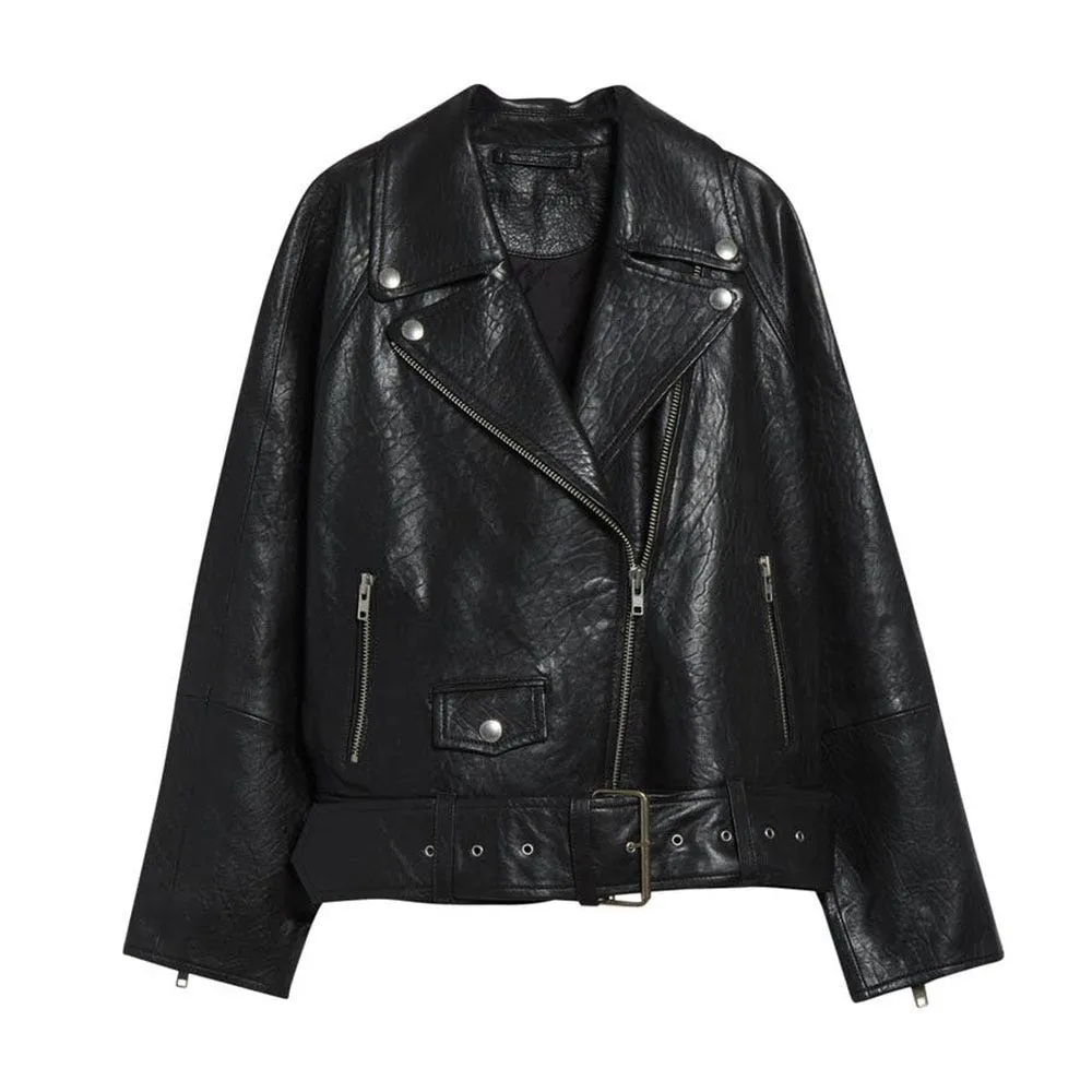 Romy Belted Leather Biker Jacket