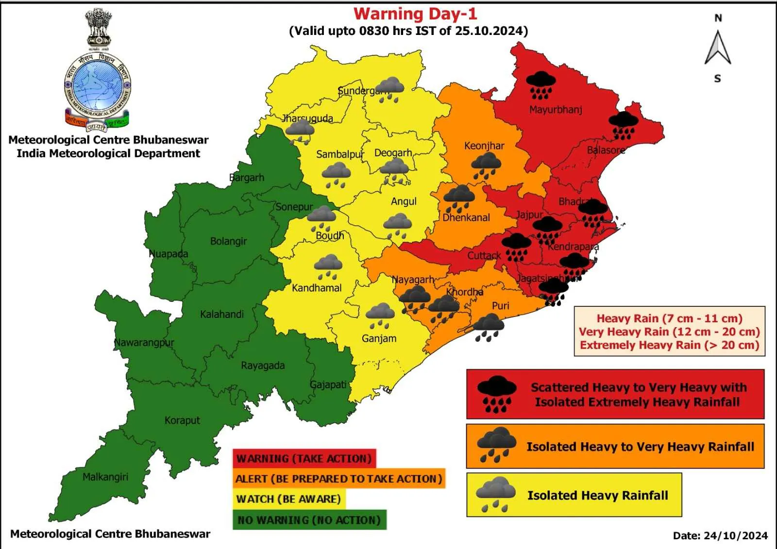 Infographic highlighting areas at risk from an approaching cyclone, with color-coded zones indicating severity of impact for day 1.
