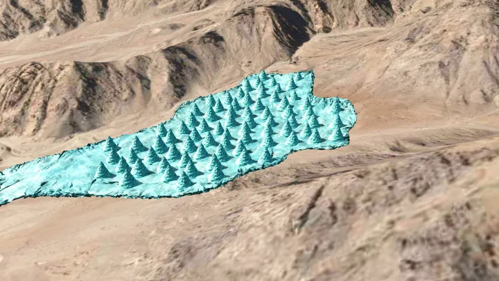 Artist's impression of the final stage of the Ice Stupa field near the monastery. 