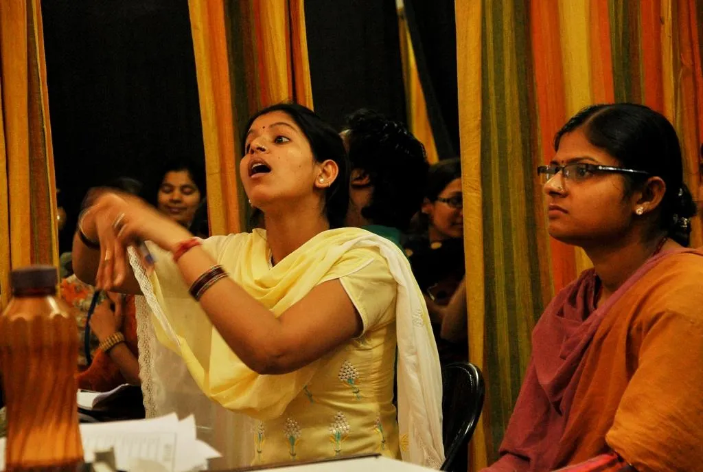 Students of Noida Deaf Society interacting during the class.