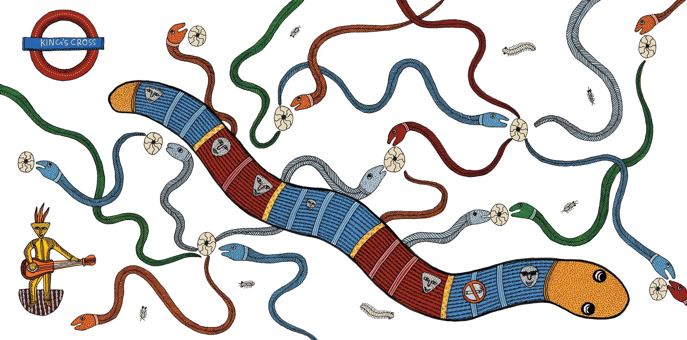 Bhajju writes “In Gond belief, there is another world below this one, and I discovered there is such a world in London as well. So I have thought of the underground as London’s world below the earth, and the tube as the earthworm that rules it.”