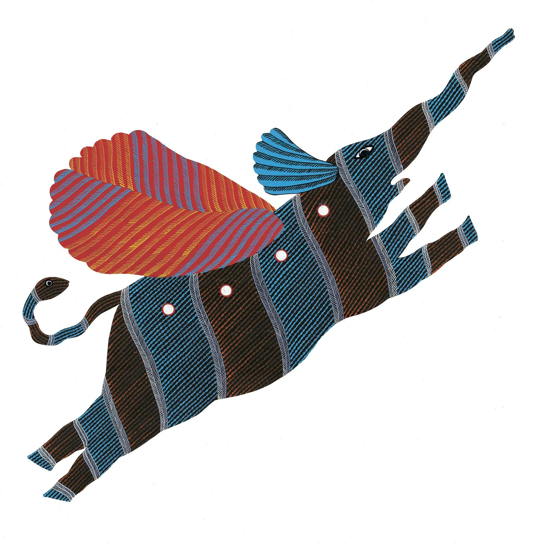 Bhajju describes his depiction of the flight as an elephant flying, since “the heaviest animal I have ever seen is an elephant. So that creature came to my mind when I painted the plane. A plane taking off is as much of a miracle as an elephant flying.” 