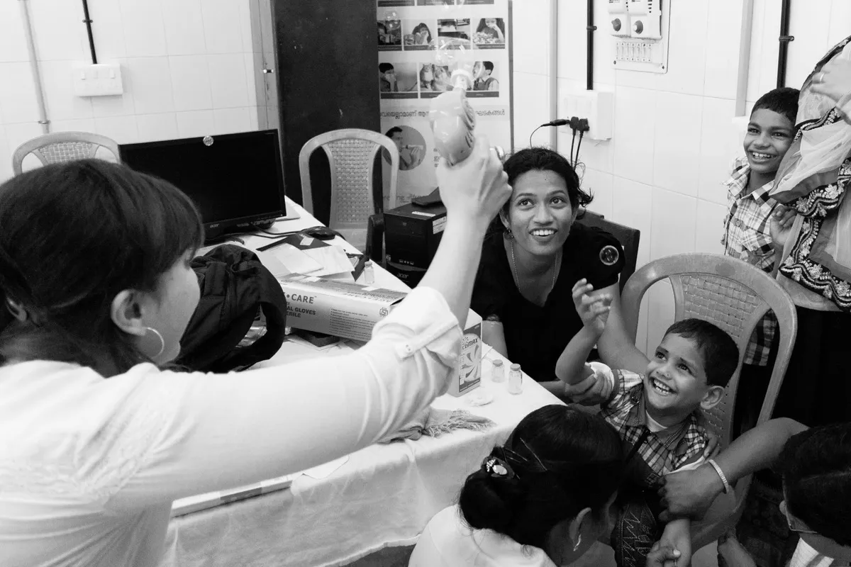 Smriti Rana, Consulting Psychologist and Programme Director of the Children’s Palliative Care Project, plays catalyst between the children and their mirth, at the Thursday clinics.