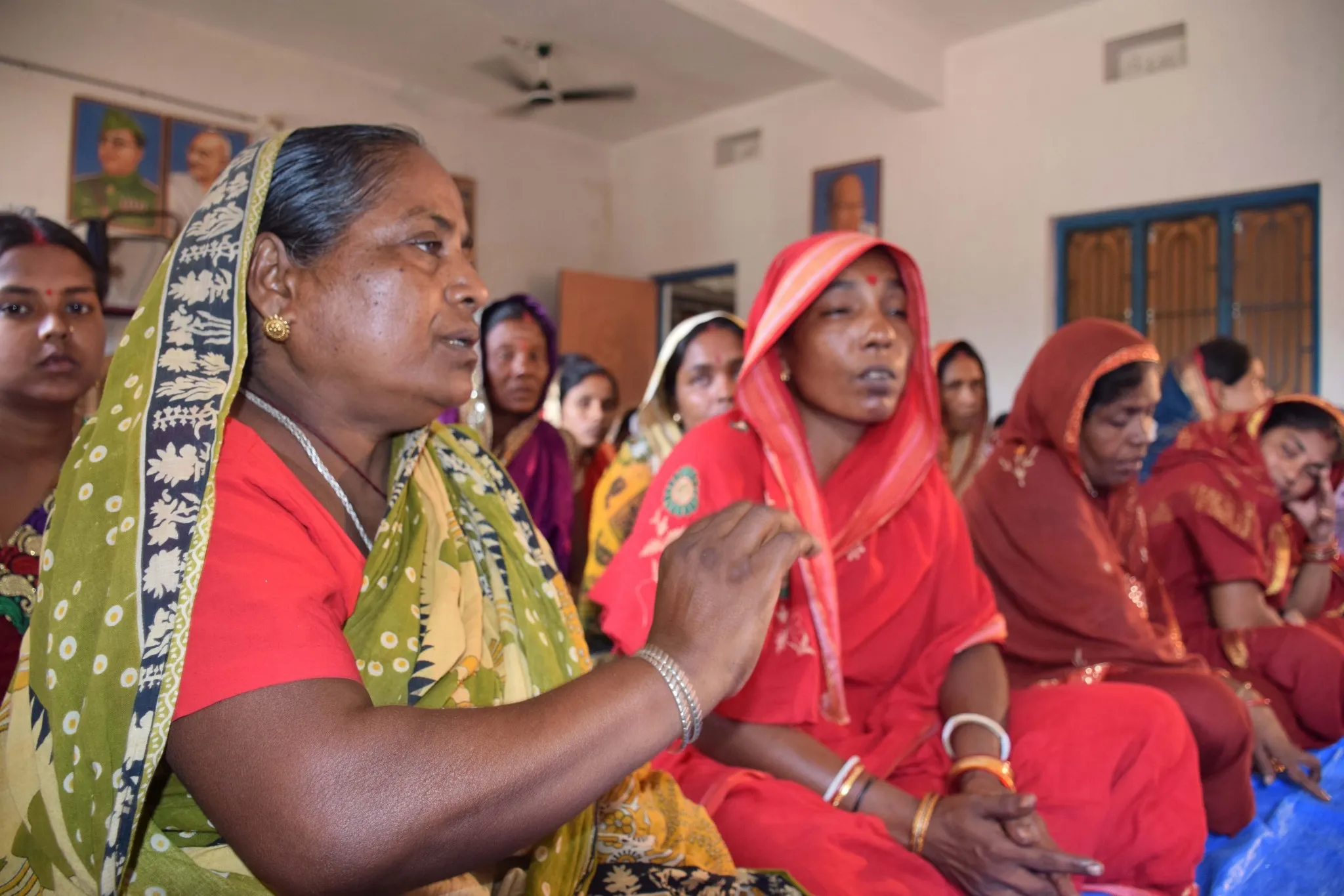 Sabita Pradhan (in green sari), president of the women’s self-help group of Hatiapal village, believes that more active women panchayat members will expedite the change towards reducing the social acceptance of violence against a woman. (Credit: Manipadma Jena\WFS) 