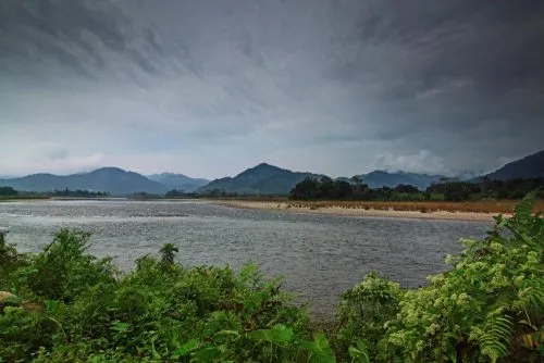 Siyom River and the lush hills of West Siang district as seen near Along town