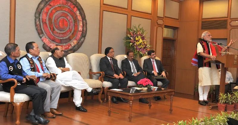 Prime Ministeri Narendra Modi addressing the signing ceremony of historic peace accord between Government of India & NSCN, in New Delhi on August 03, 2015. (Source: GoI)