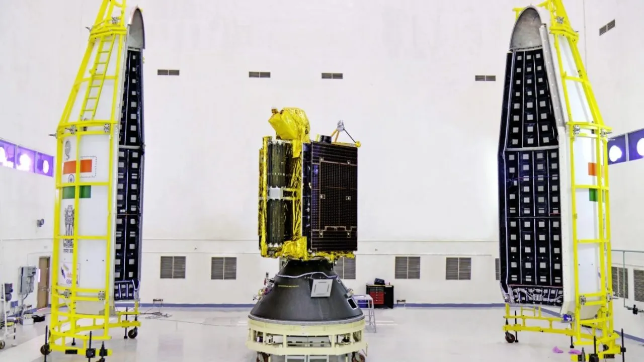GSAT-6A seen with two halves of Payload faring of GSLV-F08. (Source: ISRO)