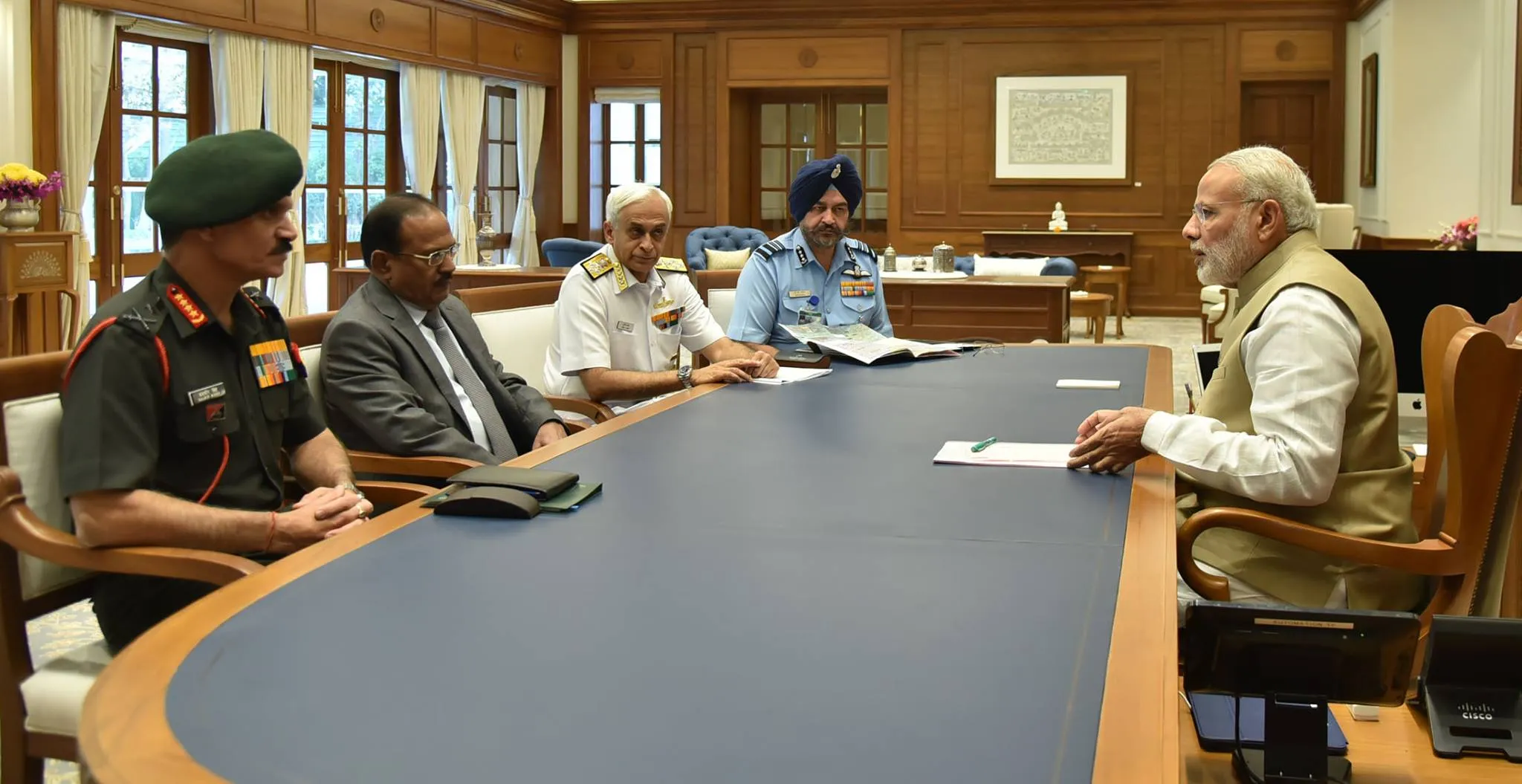 NSA Ajit Doval sitting alongside former Chief of Army Staff, General Dalbir Singh, the Chief of Naval Staff, Admiral Sunil Lanba and the Vice Chief of Air Staff, Air Marshal Birender Singh Dhanoa in a meeting with Prime Minister Narendra Modi (Source: PIB)