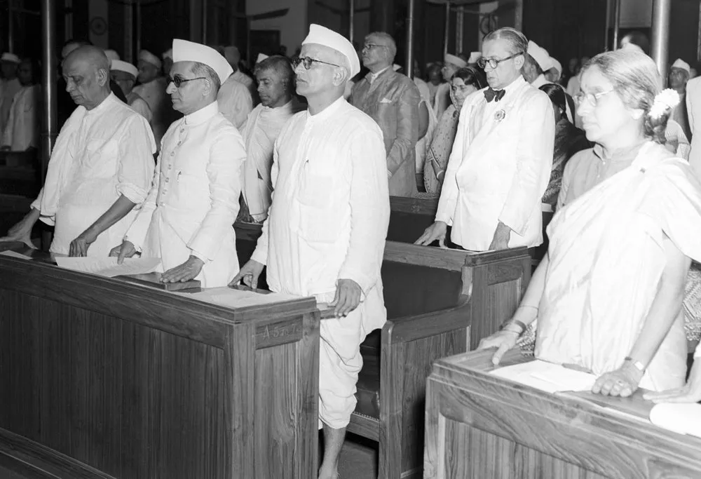 15 Aug,1947, I'Day Session,Constituent Assembly,Sardar Patel, KM Munshi, NV Gadgil & Amu Swaminathan. (Source: PIB)