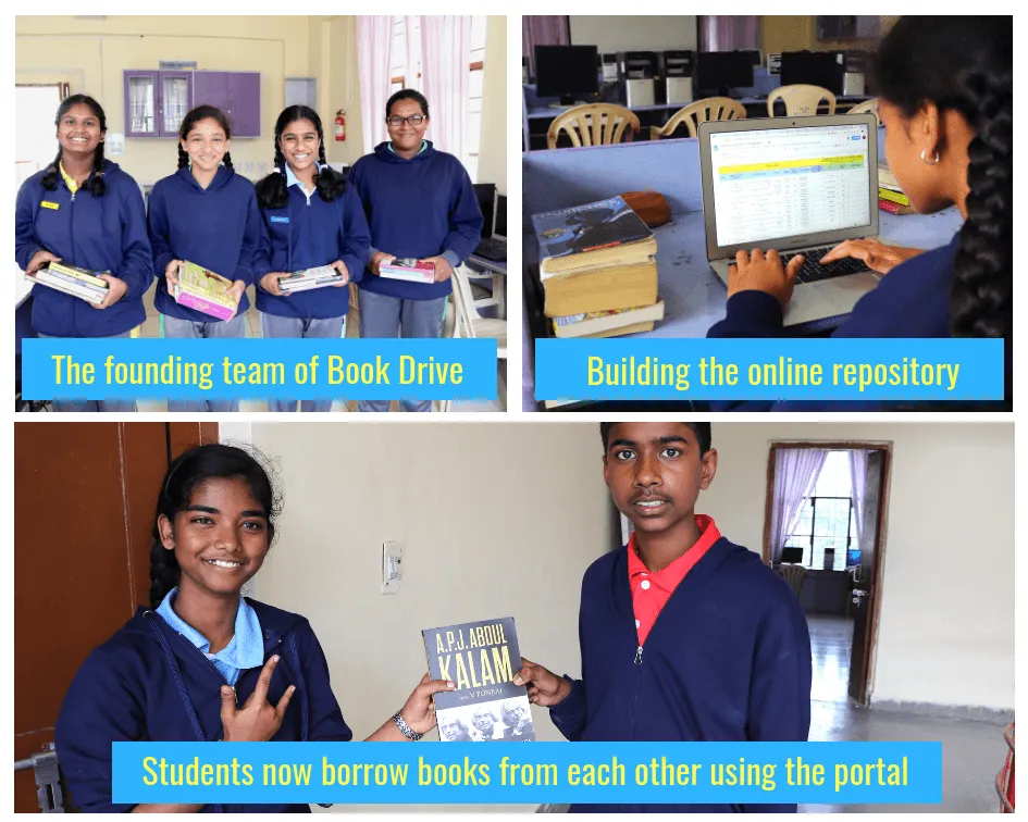 Photo collage of Class VIII students from Army Public School (Kamaraj Road), Bangalore launching their initiative ‘Book Drive’. 