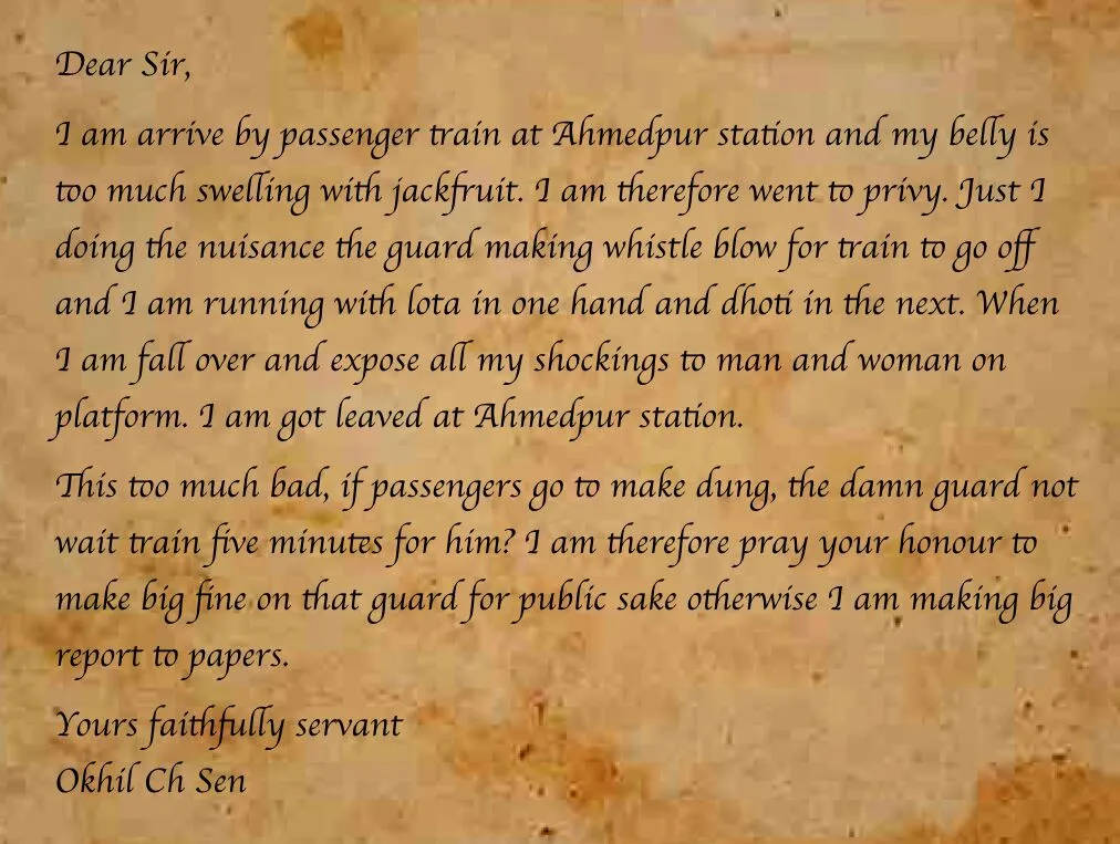 Letter by Indian passenger which complained about lack of toilets in trains