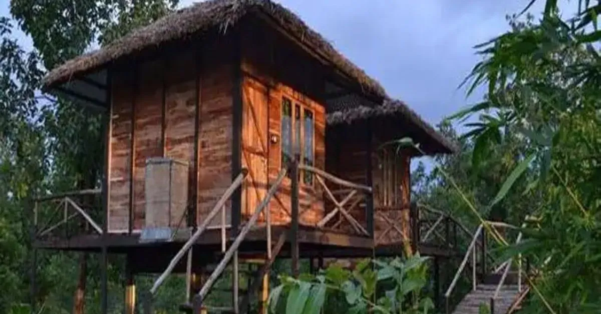 One of the wooden cottages at Tribal Camp, Pench National Park