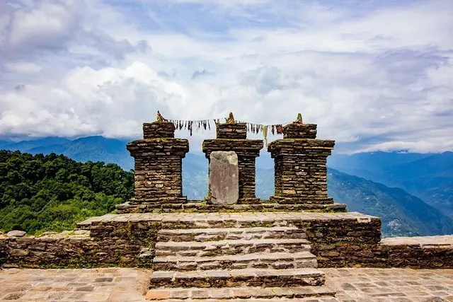 The Three Chortens at Rabdentse, a place of worship of the former royal family of Sikkim. 