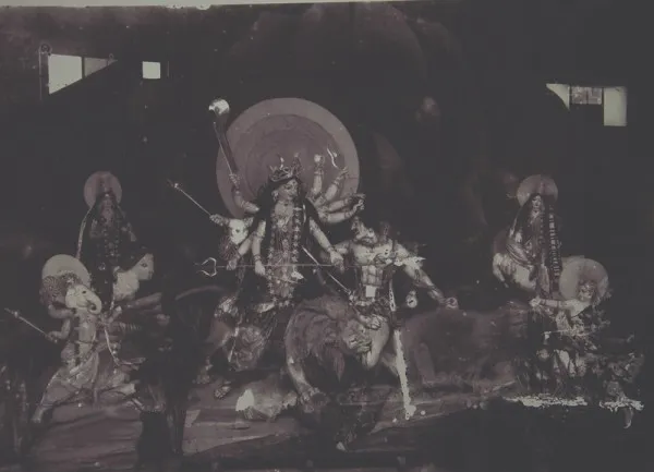 A black and white photo of a Durga idol created by artist Late Gopeshwar Pal 