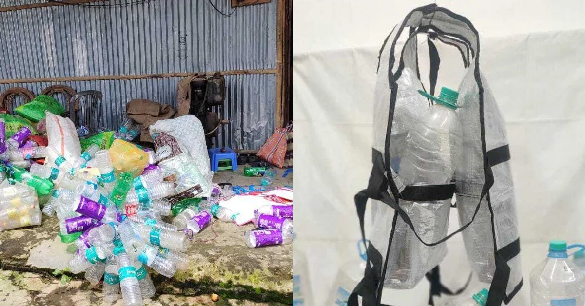 The collected plastic bottles from the local municipality and upcycled life jackets. 