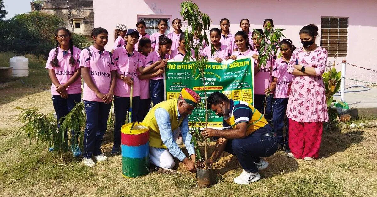 Bheraram plants native trees like jaal, khejri, khair, in schools, playgrounds, and crematoriums.