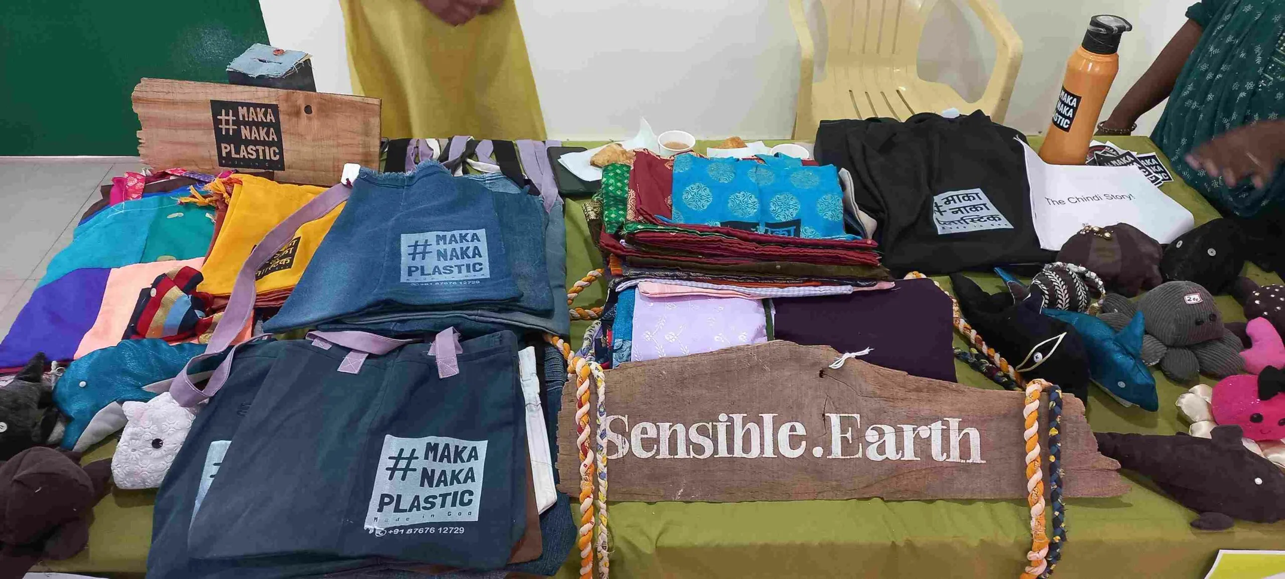 Cloth bags and other products hand-stitched from pre-loved fabric.