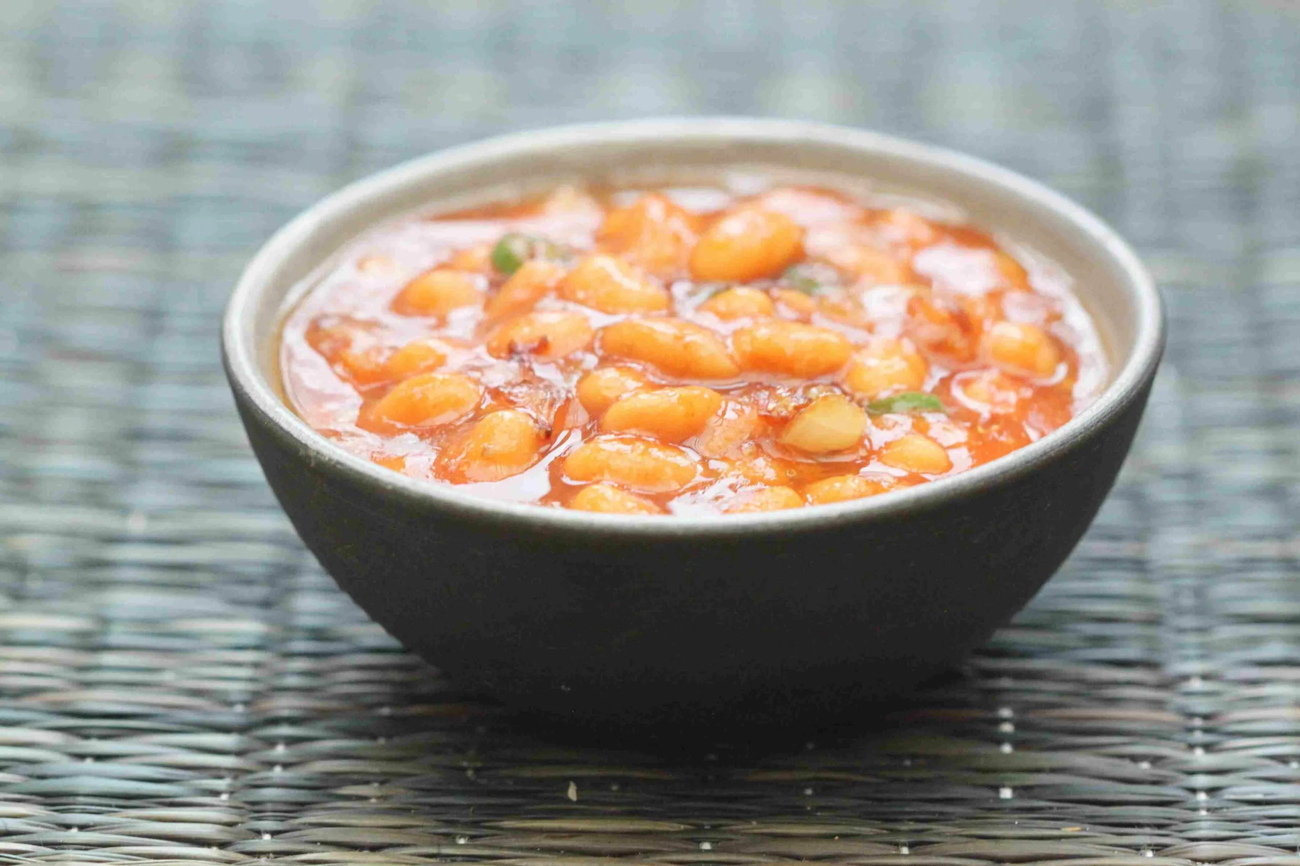 The baked beans are prepared with a blend of spices and can be had on toast,