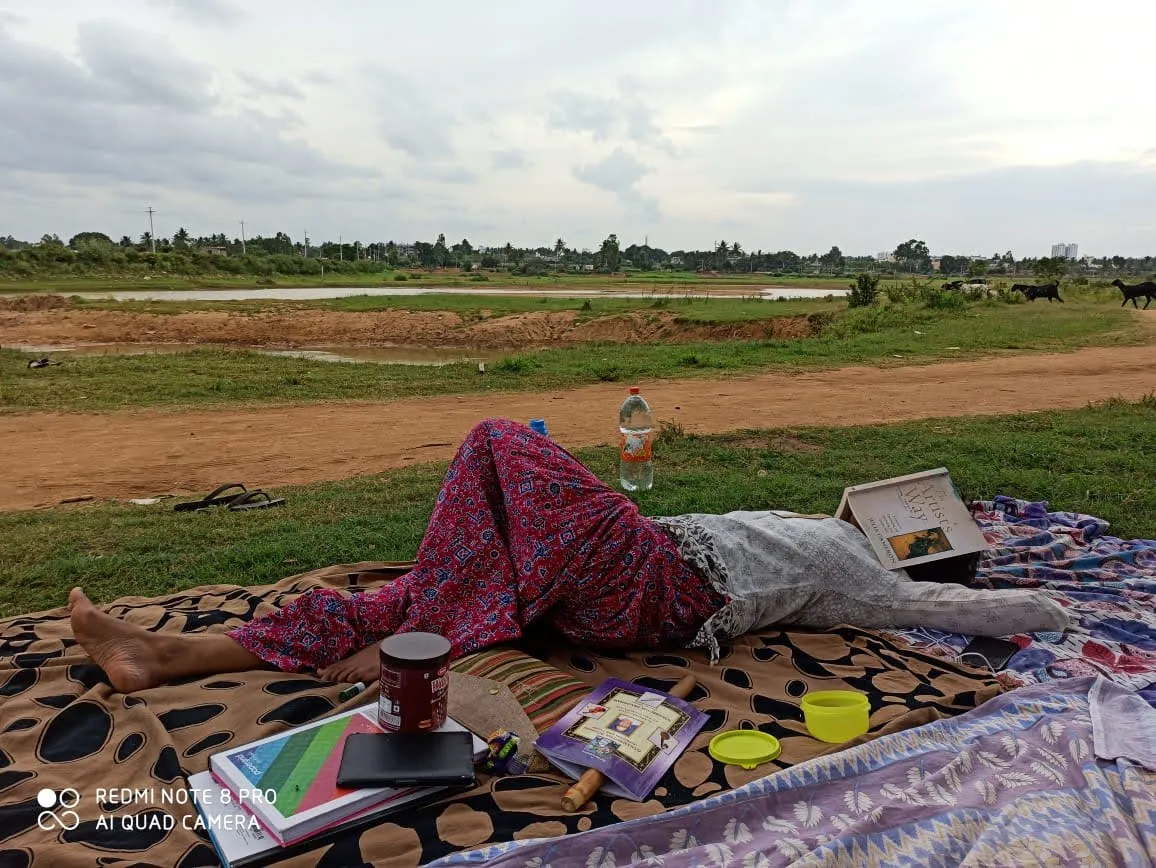 Surabhi relaxing during a picnic outing with friends.<br />
