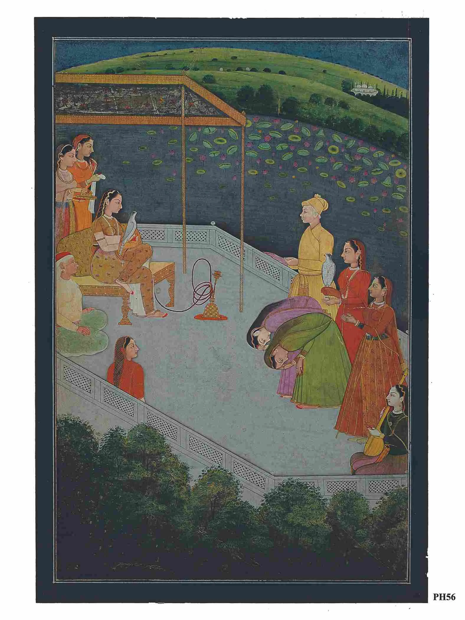 A Rani on a terrace is presented with falcons