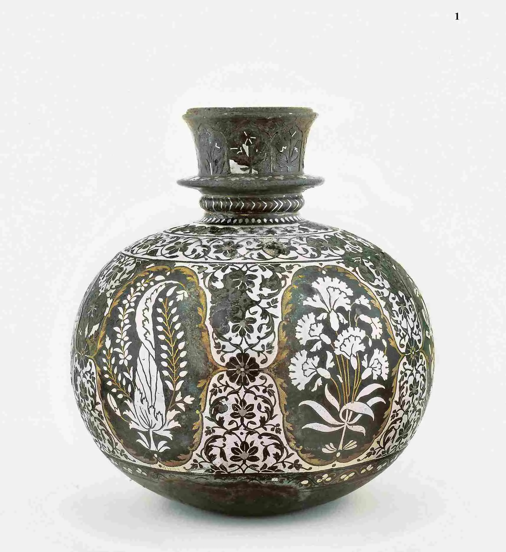 Globular hookah base, bidri alloy inlaid with silver and brass
