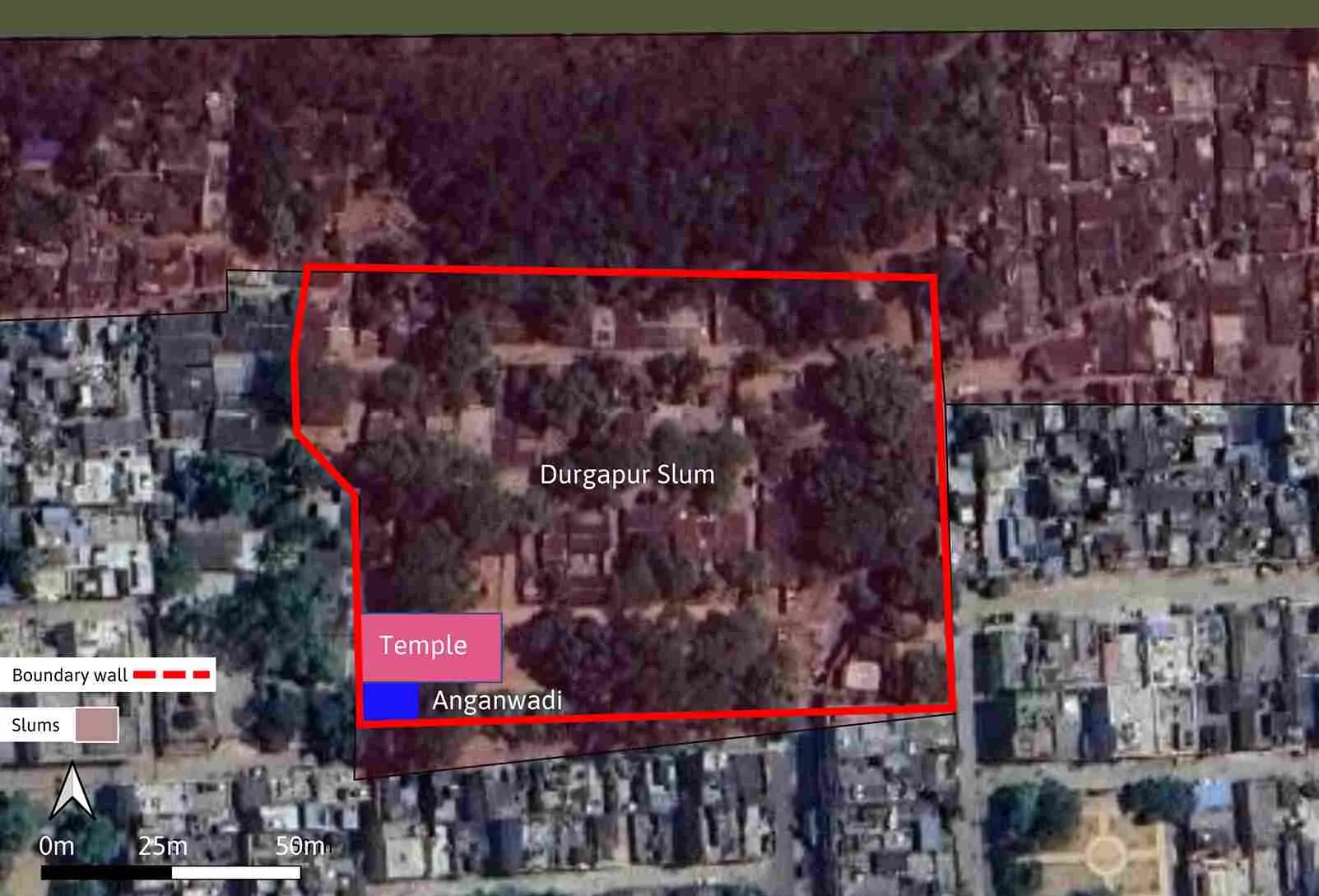 A temple and an Anganwadi were the only two community spaces in the Leprosy Colony within the Durgapur slum. Mapping by Arunima Saha/WRI India.