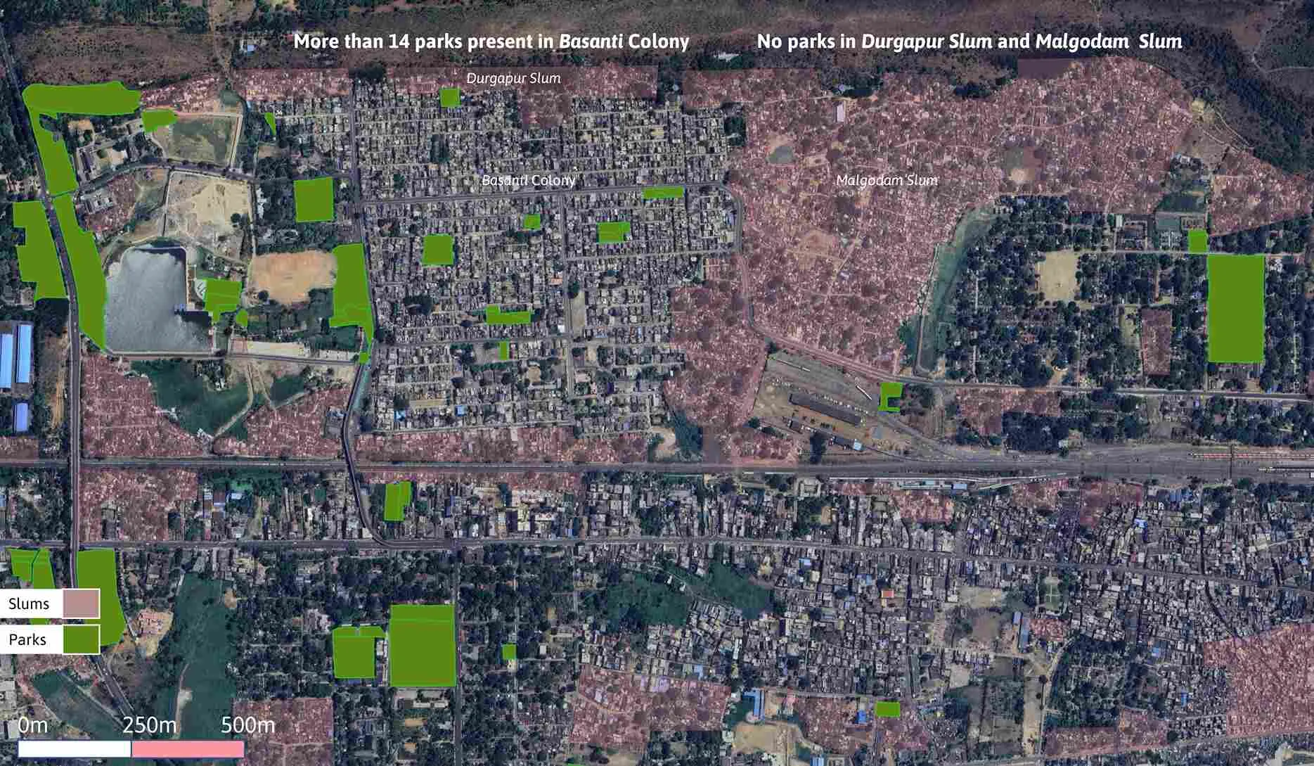 Unequal distribution of parks in these slums vis-a-vis the affluent colonies in Rourkela.<br />
Mapping by Arunima Saha/WRI India. 