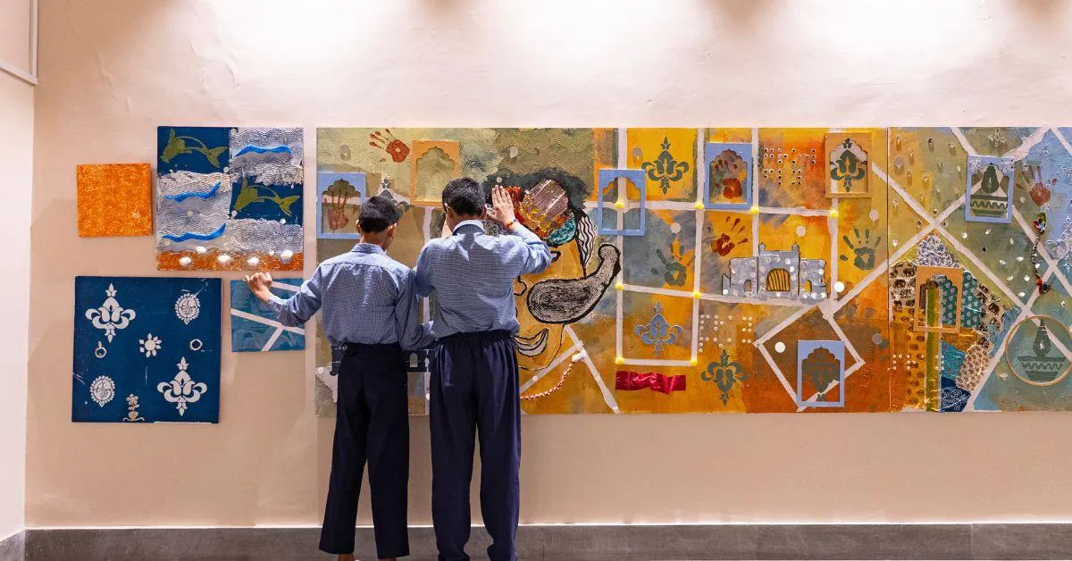 Blue pottery, carpet making and bandhej are a few of the crafts of Rajasthan that feature in the murals
