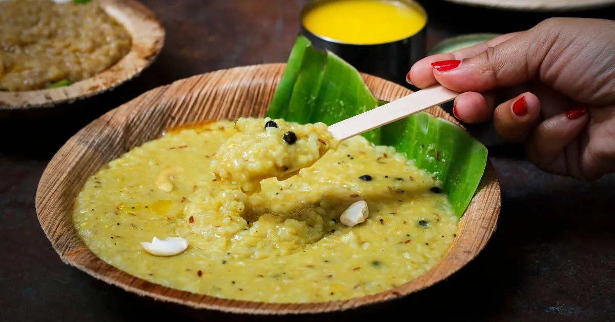 Sankethi cuisine style pongal (A porridge made using rice, lentils and spices)