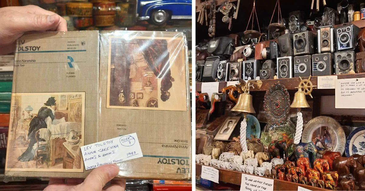 The first edition of 'Anna Karenina', a novel by Leo Tolstoy (L) and the wall that boasts vintage cameras (R)<br />
