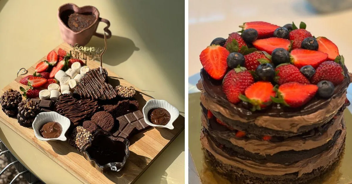 The Charcuterie board (L) is actually a chocolate platter filled with treats such as heart-shaped brownies, chocolate ganache, Nutella, cookies, and cake bites 