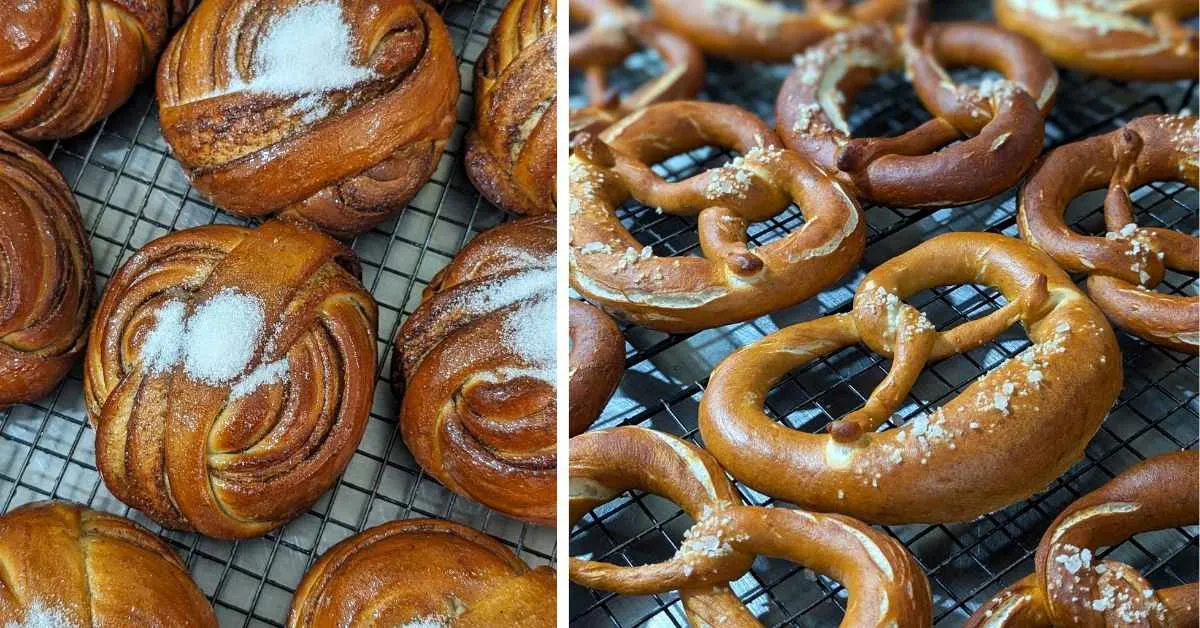 Kanelbular Swedish cinnamon buns (L) and pretzels (R) are some of the varieties of breads that CrustWorthy Gourmet Breads retails 