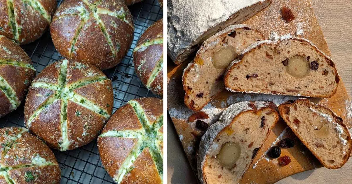 Korean cream cheese buns (L) and German stollen (R) which is a bread version of a classic plum cake 