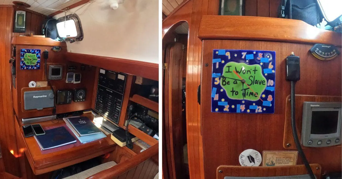 Reeva boasts two cabins, a shower, a head (nautical term for a toilet), a salon, and a galley (kitchen)