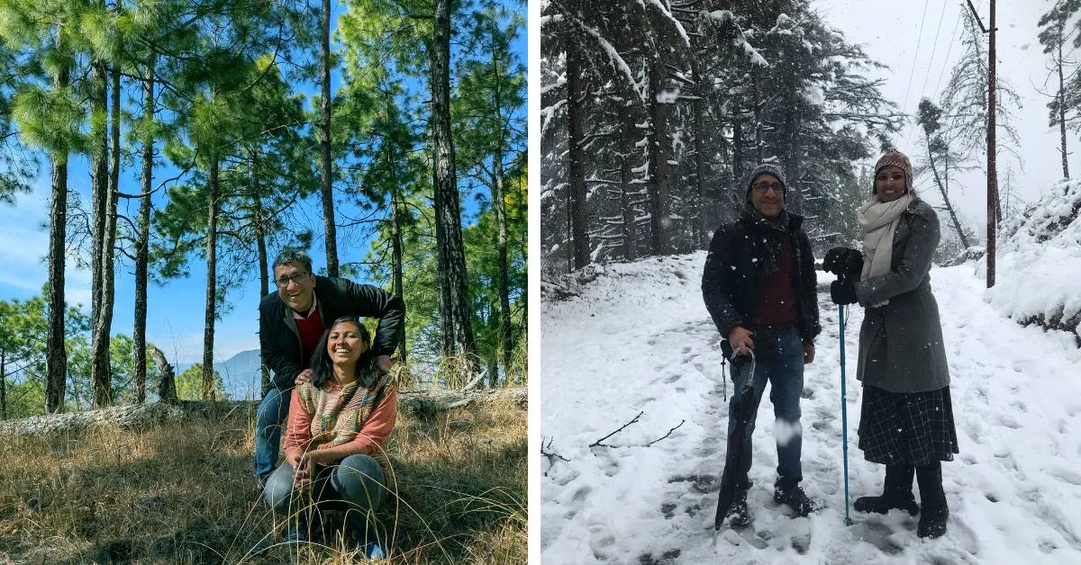 Vasanthi and Anurag’s mountain life shifts with the seasons, from long walks through pine forests to treks along snowy trails.