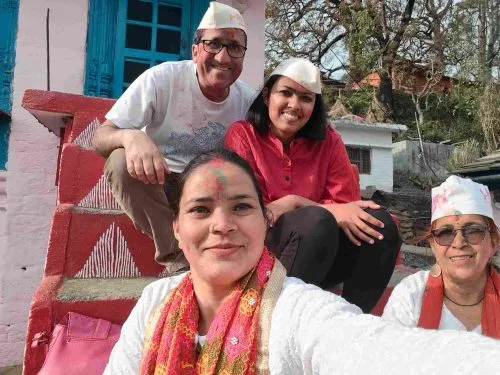 Celebrating Holi with neighbours in Bairoli village — one of many moments of warmth and connection in their mountain community.