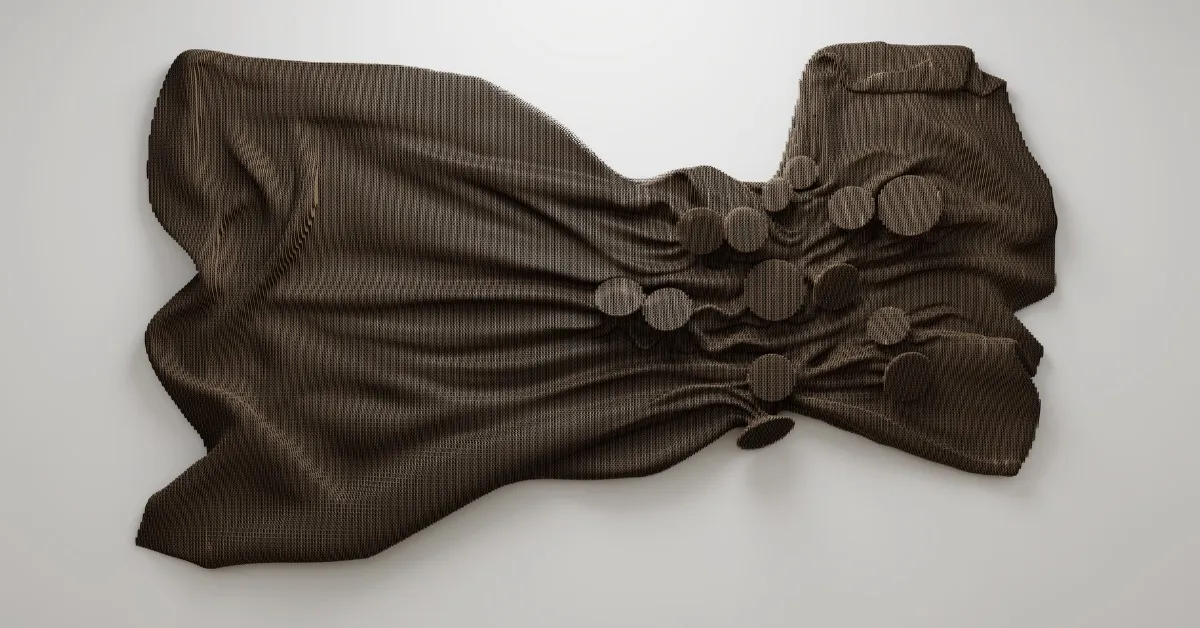 Inspired by the folds of fabric from her childhood, Bandana’s sculptures bring softness and movement to rigid cardboard.