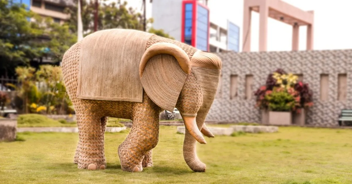 Works like ‘Gaja’ fuse Indian traditional motifs with eco-conscious practices using layers of recycled cardboard.