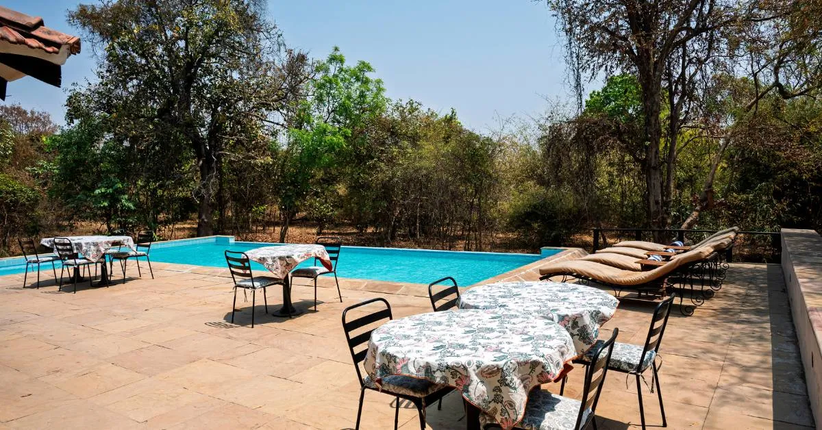 Guests can unwind by the poolside or enjoy outdoor dining surrounded by Satpura’s lush forest backdrop.