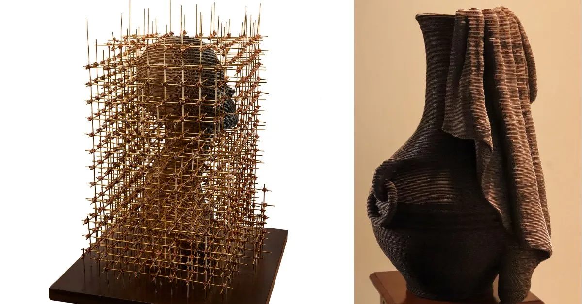 Working with recycled cardboard, Bandana Jain crafts sculptures that reflect both the delicate flow of textiles and the rigid structures that define human life.