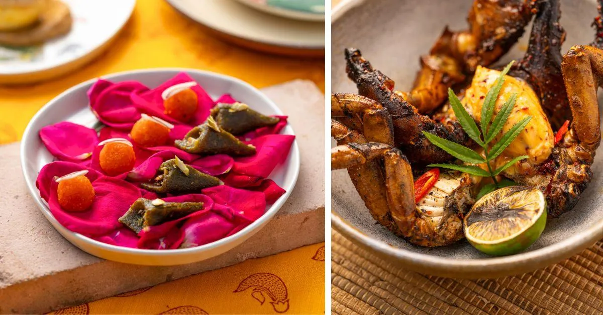 The pistachio paan motichoor laddoo (L) and the Nagpur black crab (R) are a testament to chef Amninder's exemplary ability for fusing traditional flavours with modern touches 