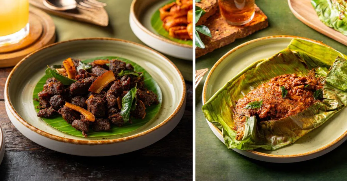 Toddy Shop Beef Fry (L) and pearl spot parcels (Kerala’s classic ‘Karimeen Pollichathu) (R) 